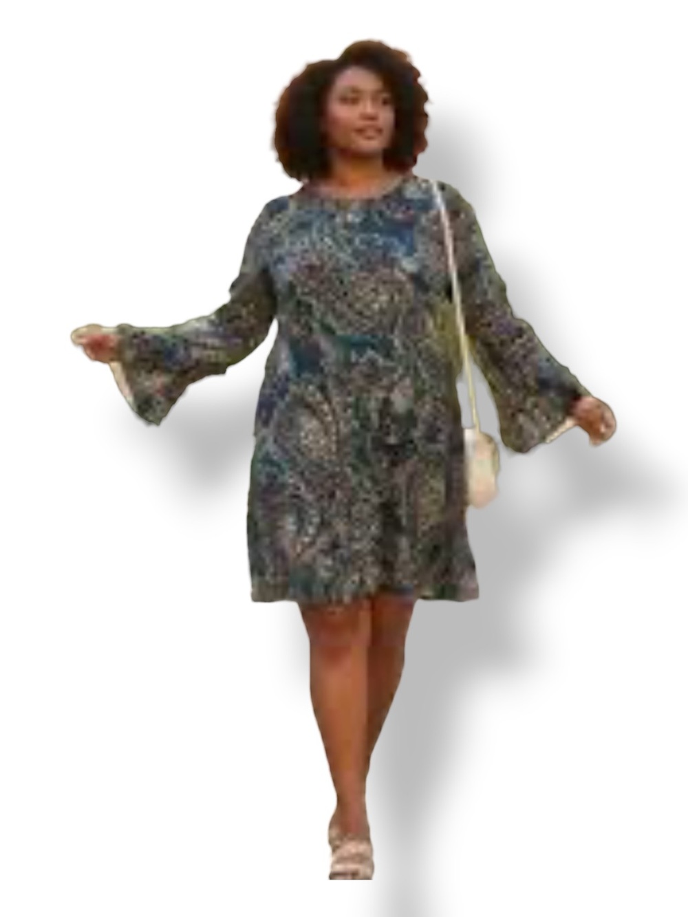 Marc New York Women’s Long Bell Sleeve Shift Dress Teal Paisley 14